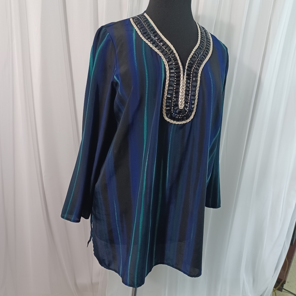 Grace Elements Navy and Teal Tunic with Beaded Neckline Size: 2x